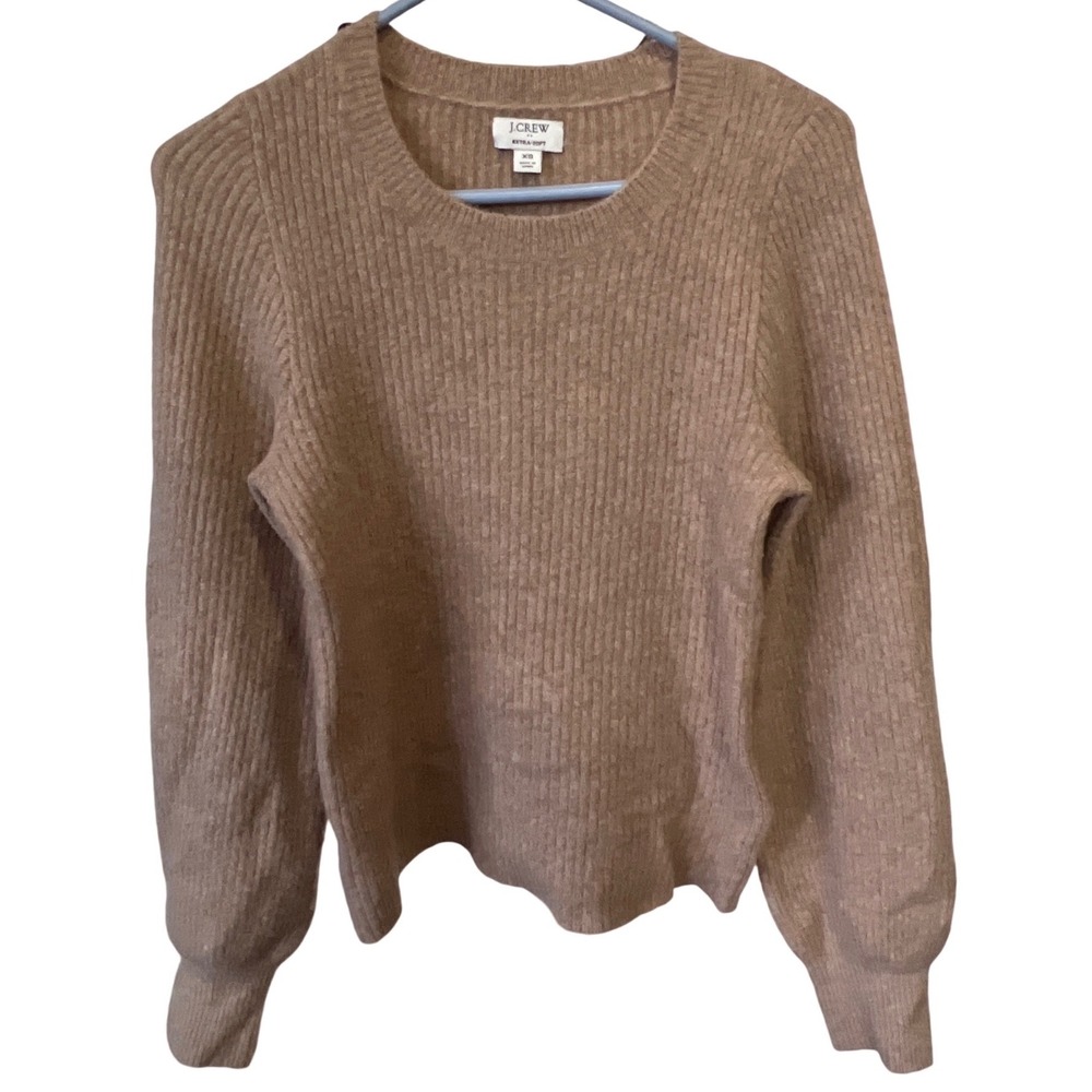 J.Crew Extra-Soft Ribbed Balloon Sleeve Sweater Tan Camel Wool Blend XS Acadamia